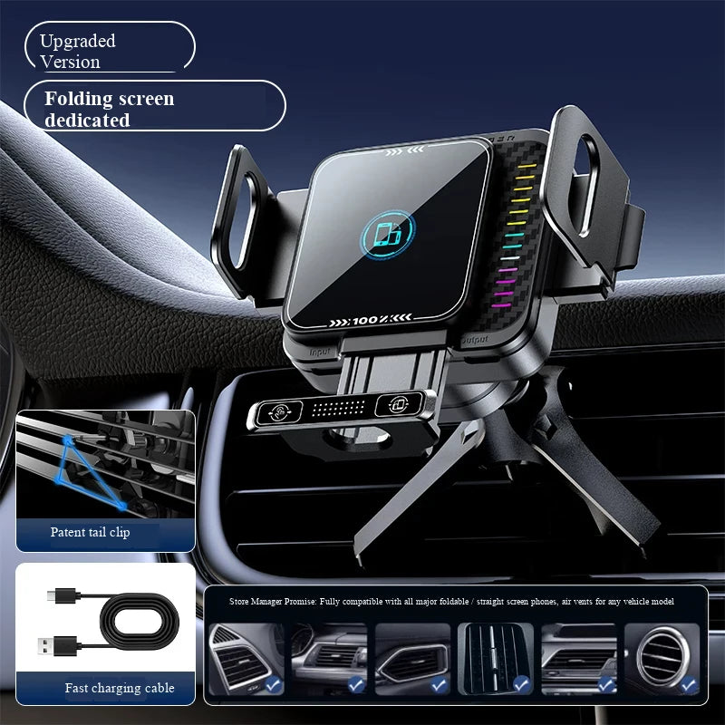 New Foldable Phone Car Mount with Wireless Charging, Suitable for Phones, Tablets, Large Screens, and Navigation