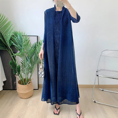 Womens Dresses Fashion 2025 Pleated Clothing Womens 2 Piece Outfit Two Piece Sets Metallic Fabrics Casual Long Dresses