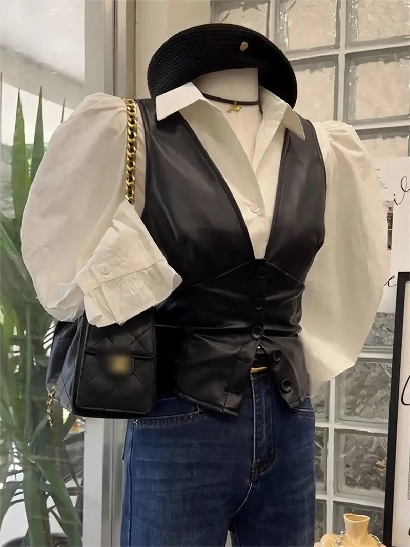 Fashion White Shirt Leather Jacket Vest Jacket Two-piece Set Women&
