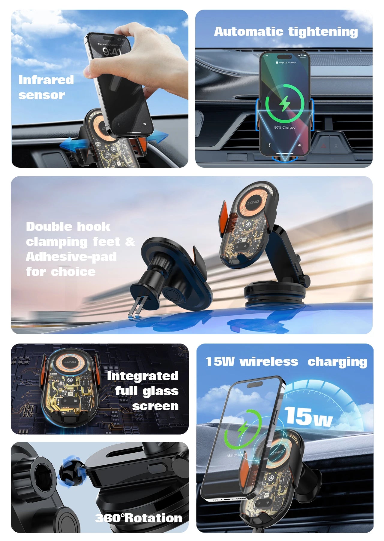 15W Wireless Charging Car Mount Phone Holder Mount Hands-Free Universal Cell Phone Mounts for Dashboard/Windshield 360° Rotation