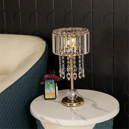 American Luxury Crystal Shade Tassel Led Table Lamp For Living Room Bedroom Loft Home Deco Bedside Gold Nightstand Light Fixture