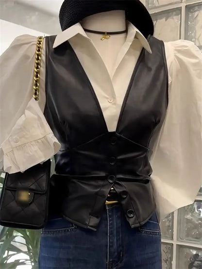 Fashion White Shirt Leather Jacket Vest Jacket Two-piece Set Women&