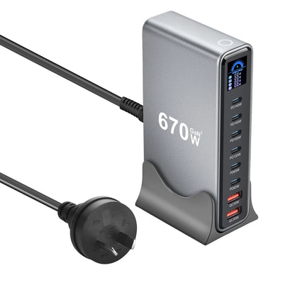 670W GaN Fast Charging Desktop Charger with Display 140W USB-C Port 8-Port Multi-Device Charging Station for Phones And Tablets