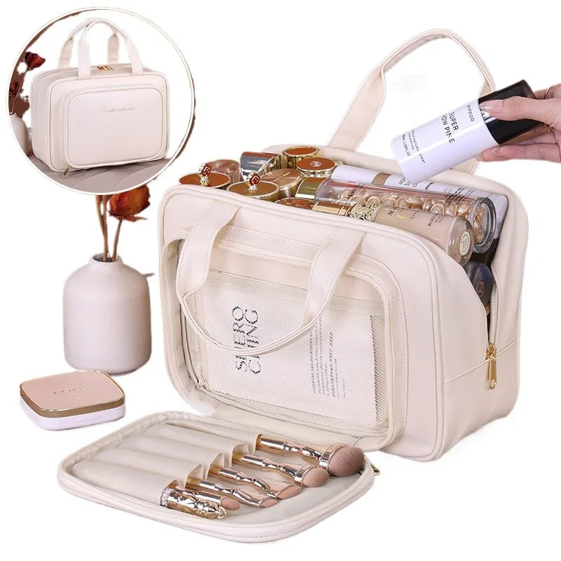 Large Capacity Makeup Bag for Women – Portable Cosmetic Organizer with Brush Holder &amp; Carry Handle, Travel-Friendly Makeup Case