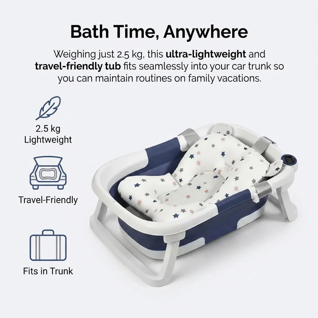 Folding Baby Bathtub, 60.5x43x20.5cm, Portable Kids Bath Tub, Temperature Sensing, Collapsible Infant Bath for 0-7 Years