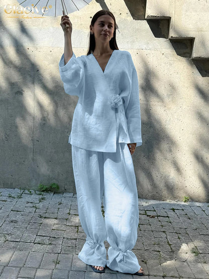 Clacive Fashion Loose Blue Two Piece Outfits Woman 2025 Elegant Long Sleeve Shirt With High Waist Wide Pants Set Female Clothing