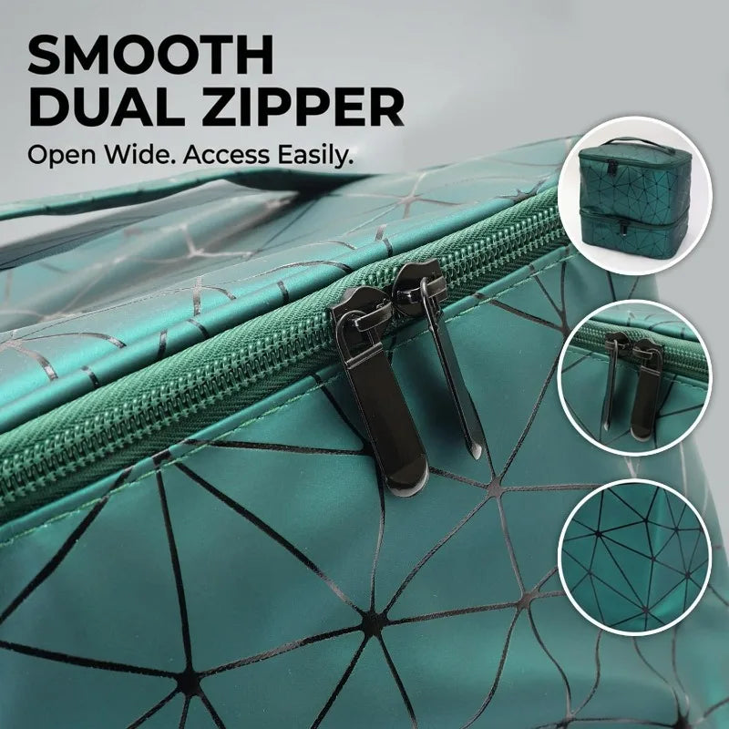 Travel Makeup Organizer Double Layer Cosmetic Bag PU Leather Waterproof Large Capacity Toiletry Storage Case Portable Beauty Bag