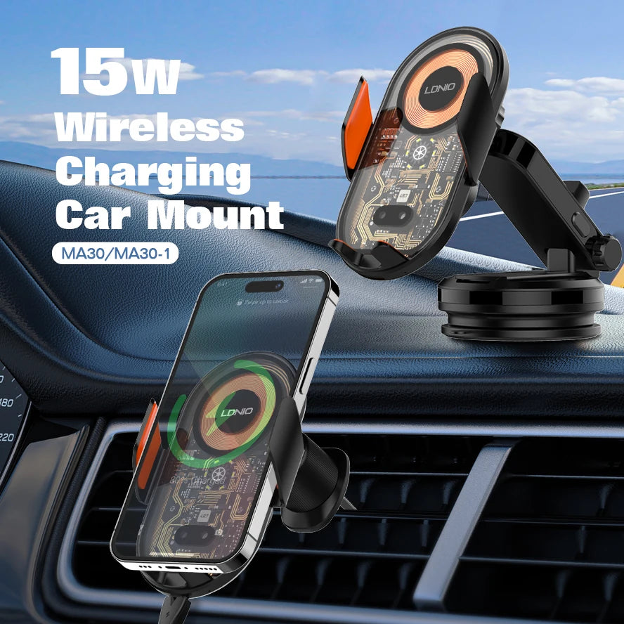 15W Wireless Charging Car Mount Phone Holder Mount Hands-Free Universal Cell Phone Mounts for Dashboard/Windshield 360° Rotation