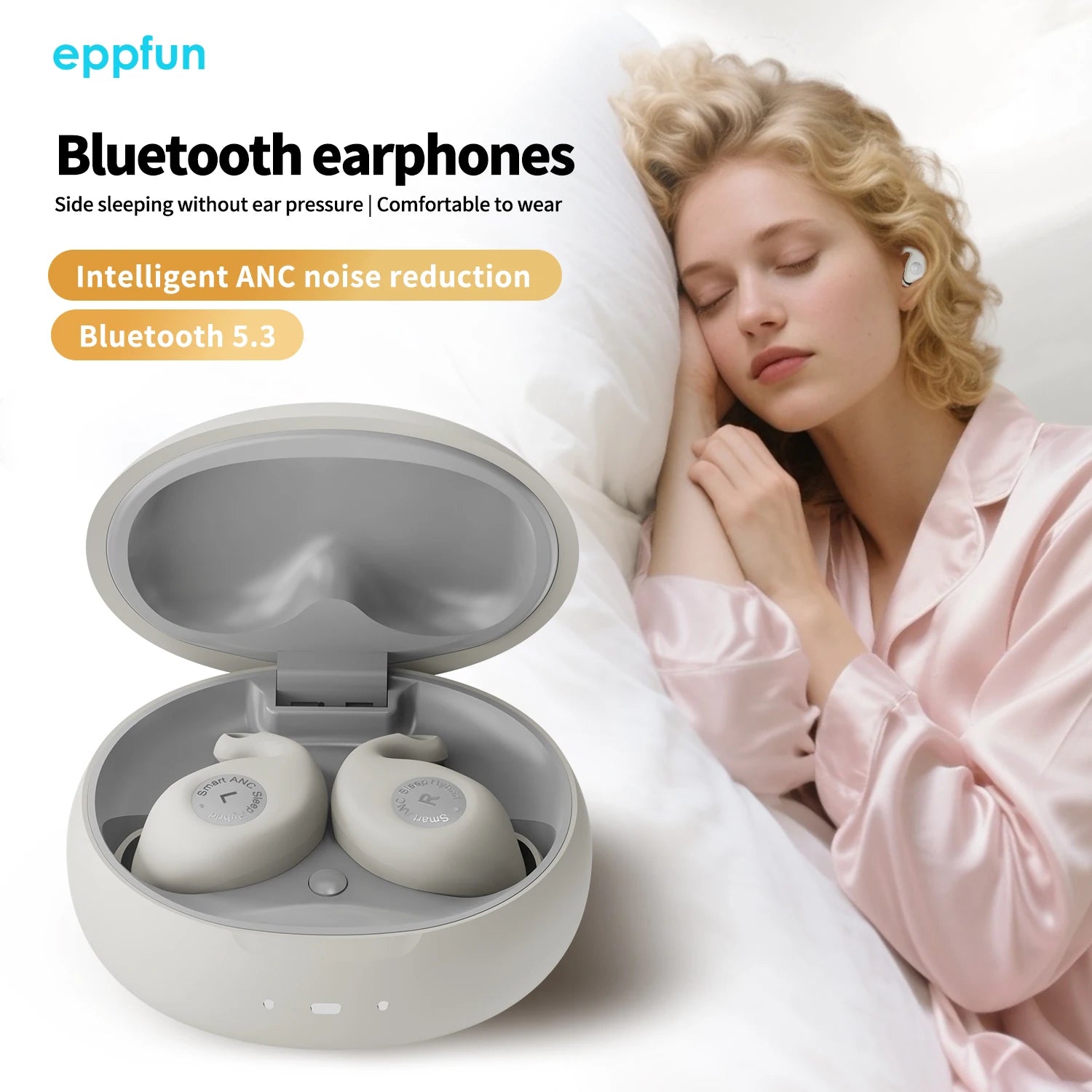 eppfun Sleep Earbuds, Smart ANC Sleep Headphones, Adaptive , Ultra-Comfort for Side Sleepers, 45H Playtime
