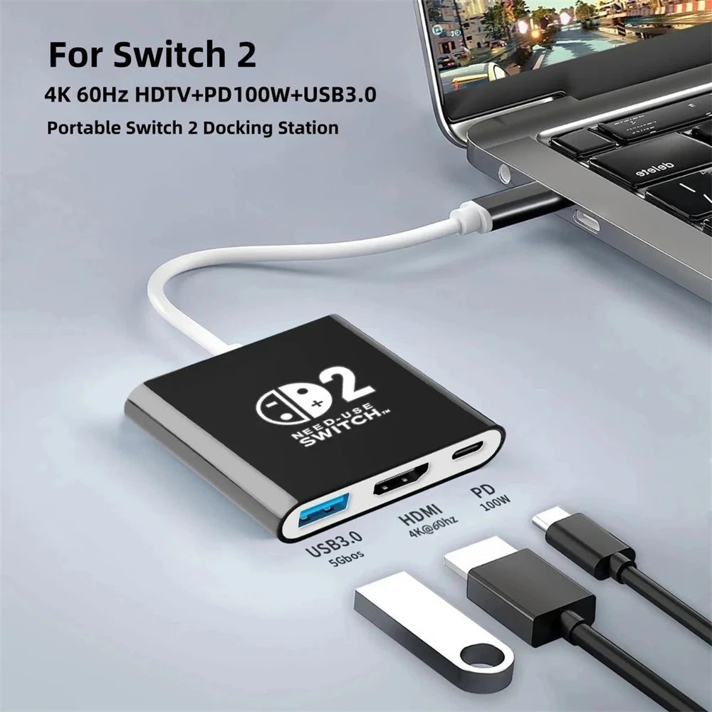 3 In 1 USB C Docking Station USB 3.0 Type-C to HDMI-compatible 4K, Multifunctional Docking Station for Switch/Laptop Phone