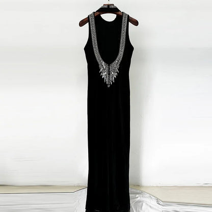 New Fashion Heavy Beaded Dress for Women Streetwear Trend Elegant Slimming Sexy Backless Velvet Dresses Clothing
