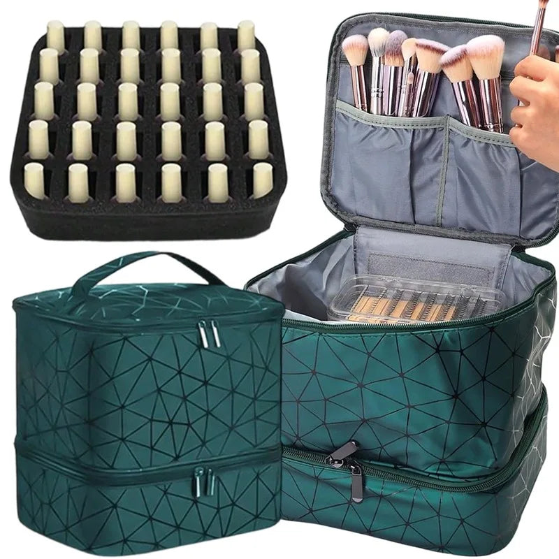 Travel Makeup Organizer Double Layer Cosmetic Bag PU Leather Waterproof Large Capacity Toiletry Storage Case Portable Beauty Bag