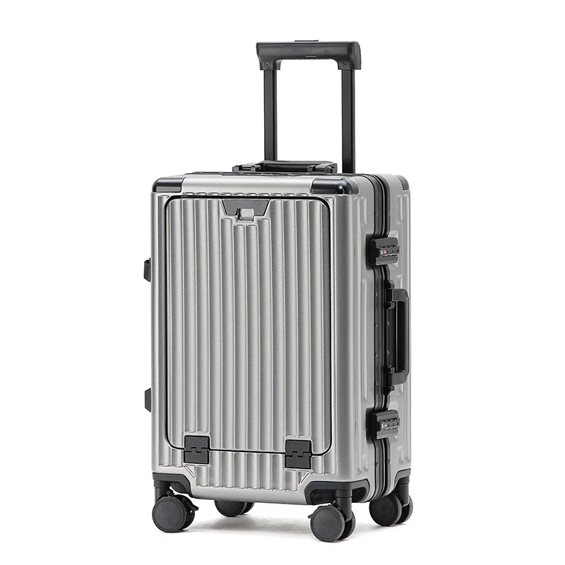 1-Piece Set 20inch Function Computer Aluminum Frame Trolley Suitcase Carry-On Luggage with Shock-Absorbing Brake, Silent Universal Wheels, Cup Holder Function, Phone Holder Function, USB Charging Function, Suitable for Busine