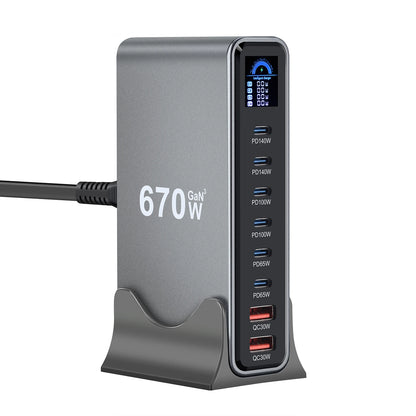 670W GaN Fast Charging Desktop Charger with Display 140W USB-C Port 8-Port Multi-Device Charging Station for Phones And Tablets