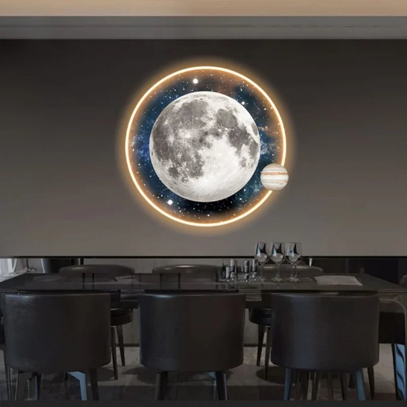 Light Luxury Moon Luminous Entrance Circular Painting Atmosphere Planet with Light Mural Light Bedroom Corridor Decorative Mural