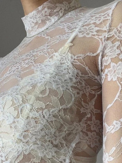 Fashion Sexy Aesthetic Women Clothing Solid Lace High Street Y2k Top Casual Long Sleeve Shirts For Women Turtleneck Streetwear