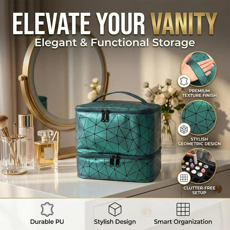 Travel Makeup Organizer Double Layer Cosmetic Bag PU Leather Waterproof Large Capacity Toiletry Storage Case Portable Beauty Bag