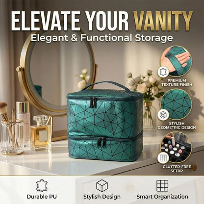 Travel Makeup Organizer Double Layer Cosmetic Bag PU Leather Waterproof Large Capacity Toiletry Storage Case Portable Beauty Bag