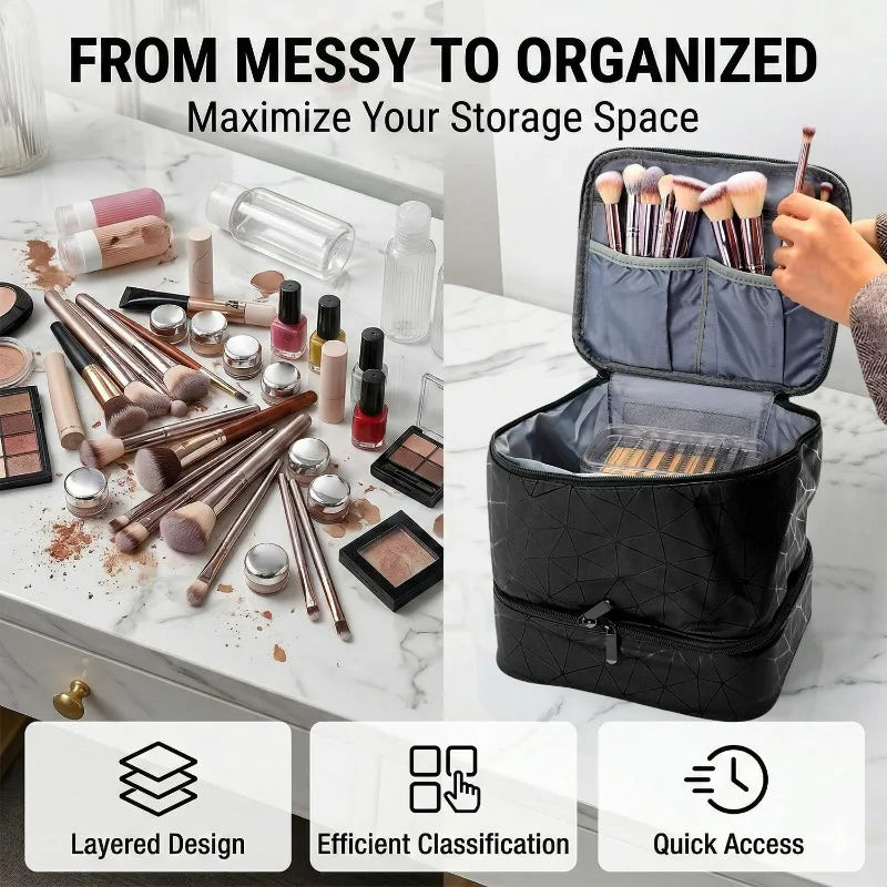Travel Makeup Organizer Double Layer Cosmetic Bag PU Leather Waterproof Large Capacity Toiletry Storage Case Portable Beauty Bag