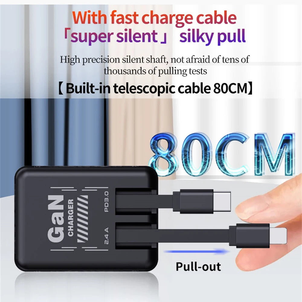 New Portable Multi Functional Folding Adapter Charging Protection GaN 20W PD3.0 Fast Charger With Retractable Type-C Cable