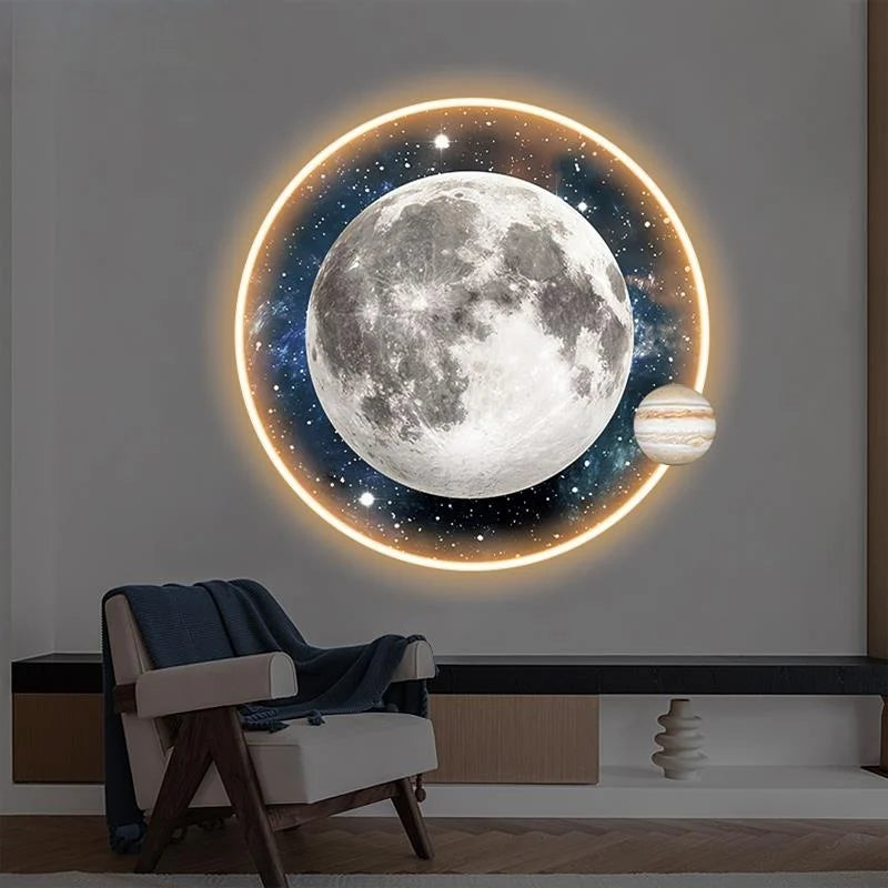 Light Luxury Moon Luminous Entrance Circular Painting Atmosphere Planet with Light Mural Light Bedroom Corridor Decorative Mural