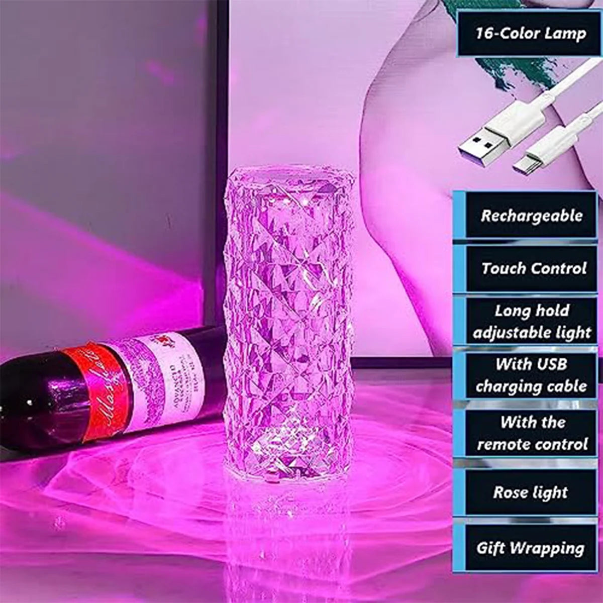Crystal Rose Lamp Rgb Light Touch Rechargeable Bar For Bedroom Decorative Remote Control Table Dimmable Cordless Portable Luxury