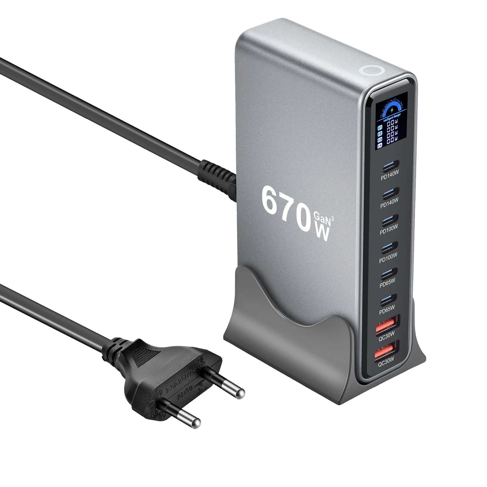 670W GaN Fast Charging Desktop Charger with Display 140W USB-C Port 8-Port Multi-Device Charging Station for Phones And Tablets
