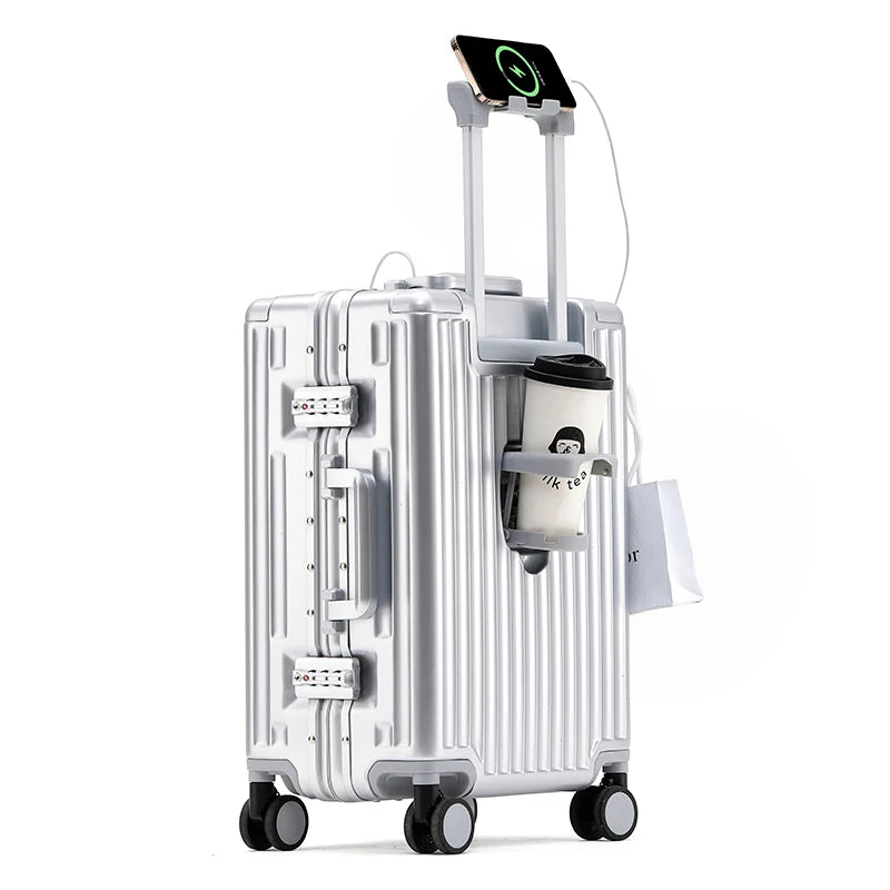 1-Piece Set 20inch Function Computer Aluminum Frame Trolley Suitcase Carry-On Luggage with Shock-Absorbing Brake, Silent Universal Wheels, Cup Holder Function, Phone Holder Function, USB Charging Function, Suitable for Busine