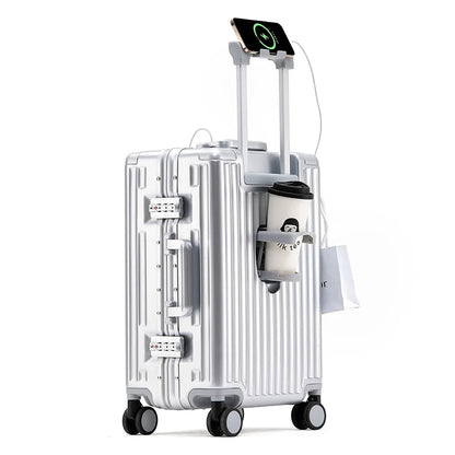 1-Piece Set 20inch Function Computer Aluminum Frame Trolley Suitcase Carry-On Luggage with Shock-Absorbing Brake, Silent Universal Wheels, Cup Holder Function, Phone Holder Function, USB Charging Function, Suitable for Busine