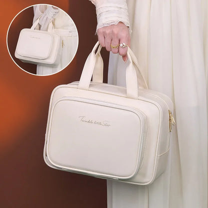 Large Capacity Makeup Bag for Women – Portable Cosmetic Organizer with Brush Holder &amp; Carry Handle, Travel-Friendly Makeup Case