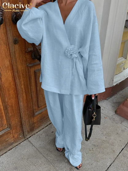 Clacive Fashion Loose Blue Two Piece Outfits Woman 2025 Elegant Long Sleeve Shirt With High Waist Wide Pants Set Female Clothing