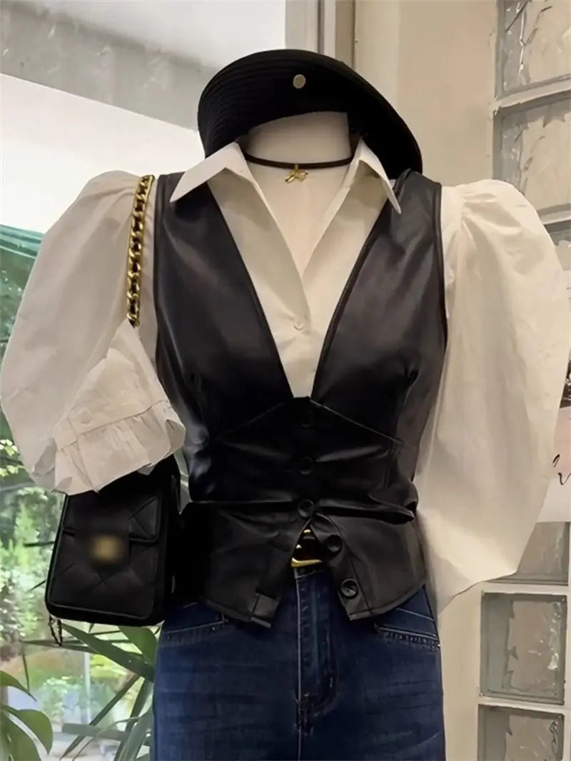 Fashion White Shirt Leather Jacket Vest Jacket Two-piece Set Women&