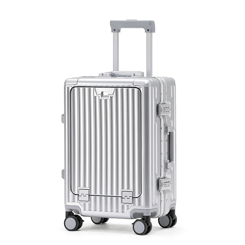 1-Piece Set 20inch Function Computer Aluminum Frame Trolley Suitcase Carry-On Luggage with Shock-Absorbing Brake, Silent Universal Wheels, Cup Holder Function, Phone Holder Function, USB Charging Function, Suitable for Busine