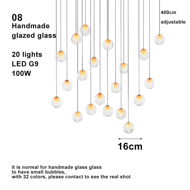 Modern LED home interior lighting ceiling chandelier, coloured glass lustre, dimmable, suitable for living room and staircase