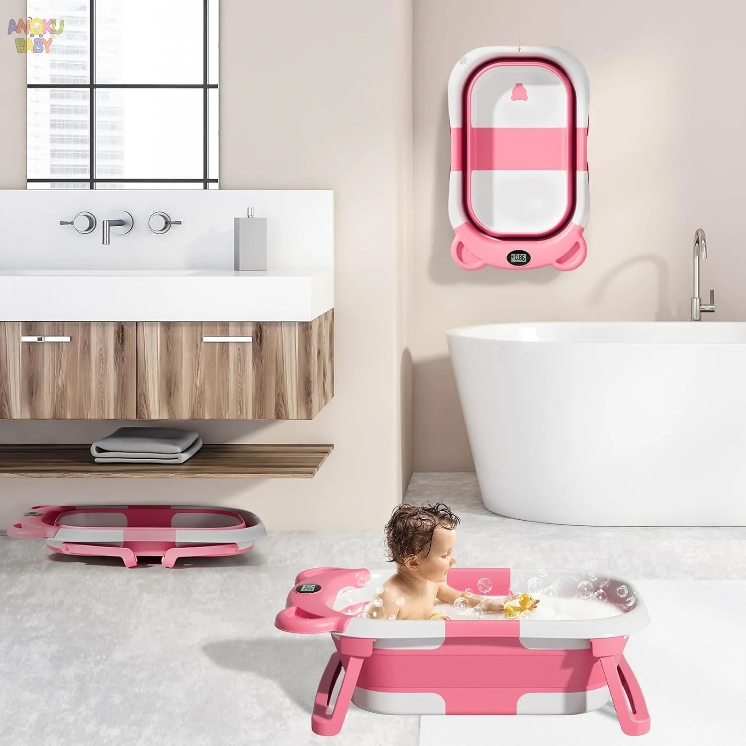 Foldable Baby Bathtub Travel Portable Toddler Bathtub Newborn to Toddler Bath Center Shower Bathtub with Temperature Sensing