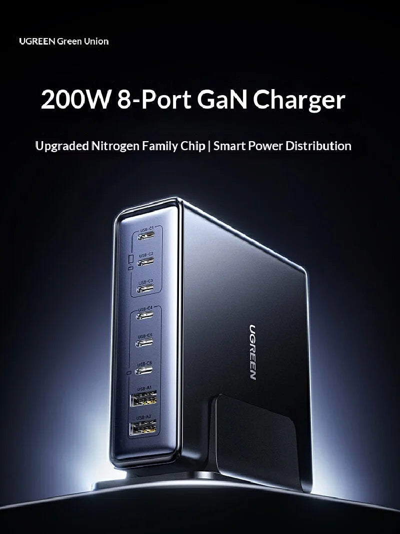 UGREEN 200W GaN Charger 8 in 1 Desktop Laptop Fast Charging Stand For Phone Tablets Smart Watch Desktop Charging Station