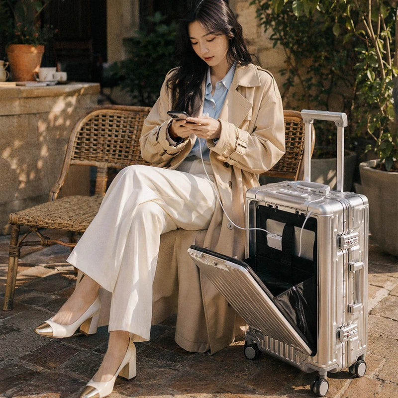 1-Piece Set 20inch Function Computer Aluminum Frame Trolley Suitcase Carry-On Luggage with Shock-Absorbing Brake, Silent Universal Wheels, Cup Holder Function, Phone Holder Function, USB Charging Function, Suitable for Busine