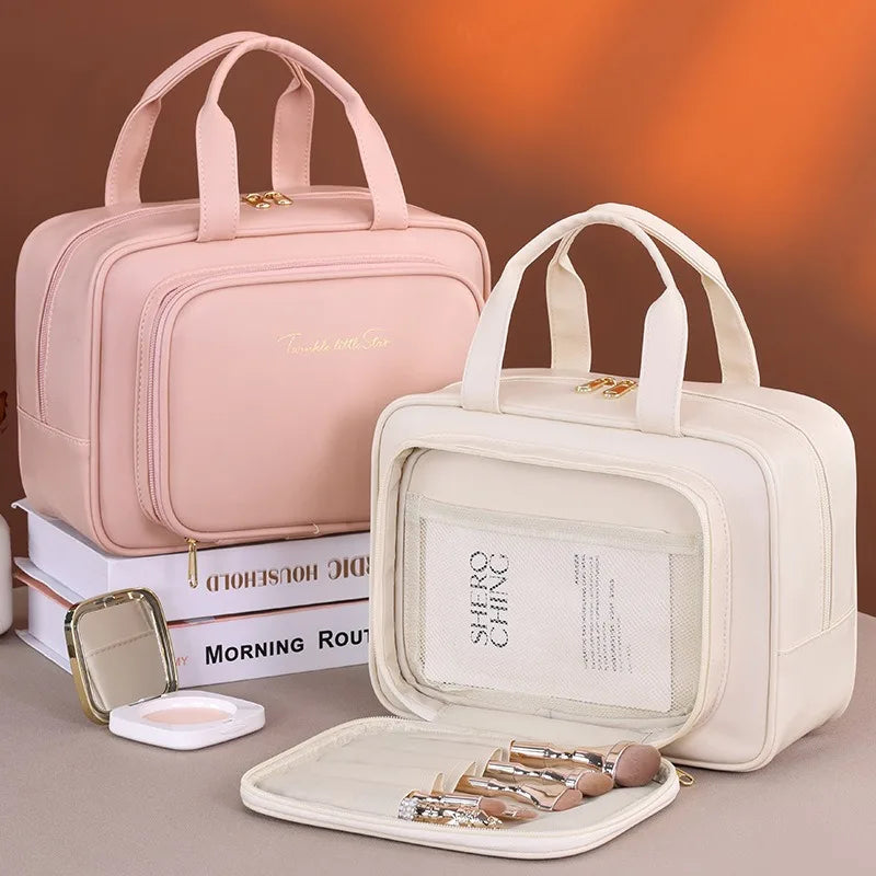 Large Capacity Makeup Bag for Women – Portable Cosmetic Organizer with Brush Holder &amp; Carry Handle, Travel-Friendly Makeup Case