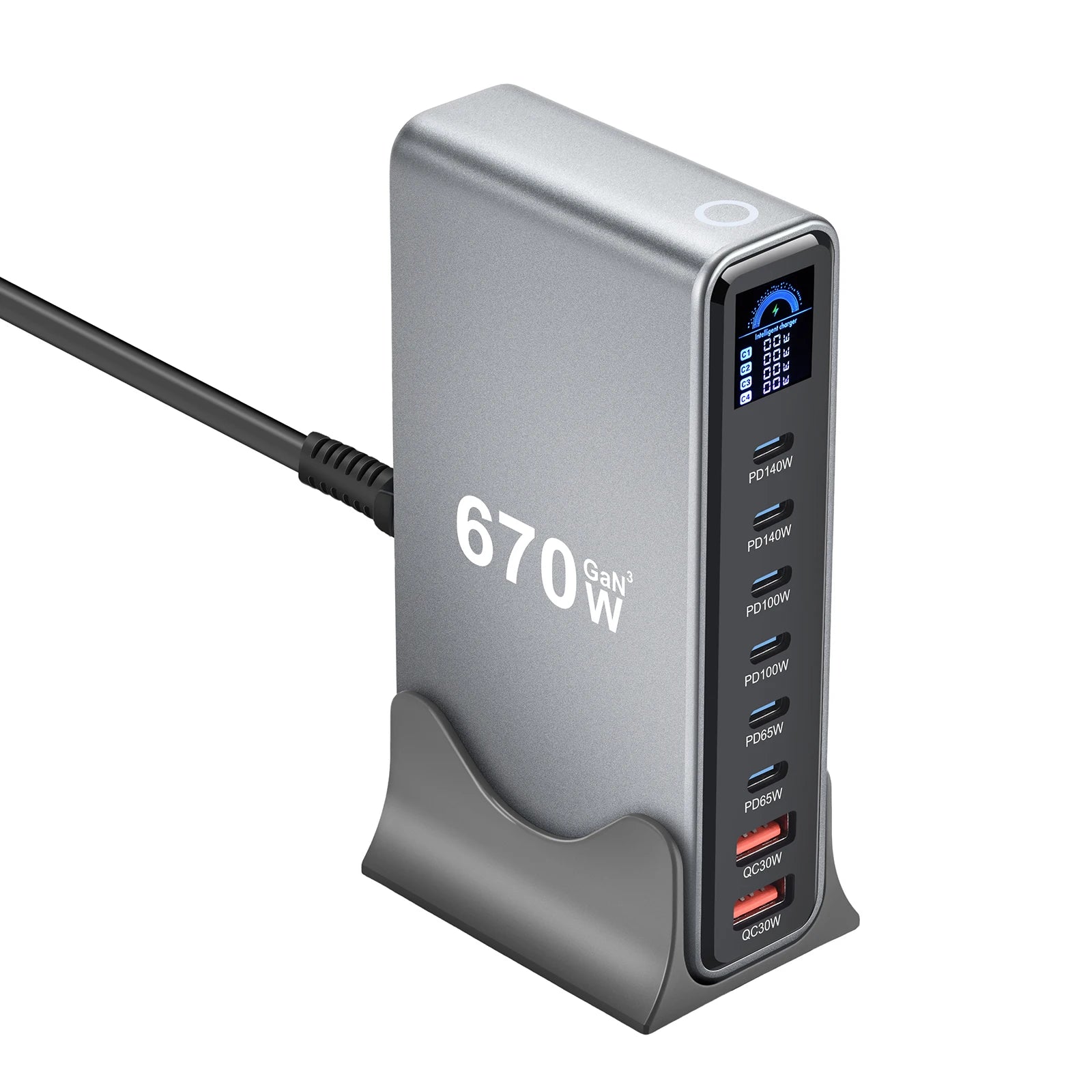 670W GaN Fast Charging Desktop Charger with Display 140W USB-C Port 8-Port Multi-Device Charging Station for Phones And Tablets