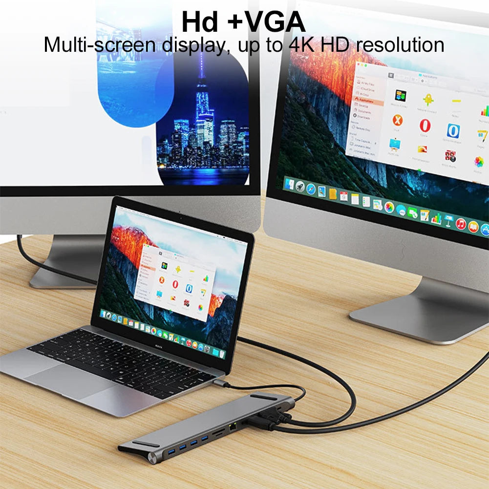 11 in 1 USB C Docking Station with 4K HDMI-Compatible VGA Ethernet 100W PD SD/TF Type C Dock 1* USB 3.0 3*USB2.0 Hub for MacBook