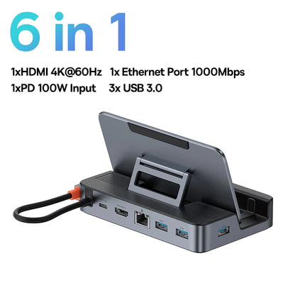 Baseus USB C Docking Station for Steam Deck Nintend Switch 6-in-1 Type C to 4K@60Hz HDMI-compatible Gigabit Ethernet USB 3.0 Hub