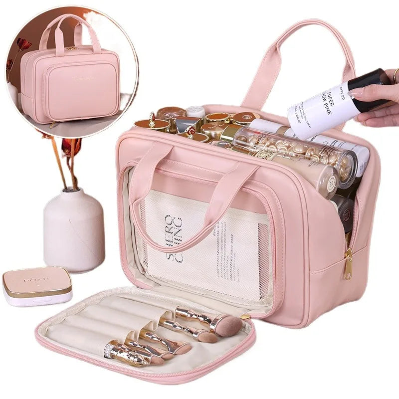 Large Capacity Makeup Bag for Women – Portable Cosmetic Organizer with Brush Holder &amp; Carry Handle, Travel-Friendly Makeup Case
