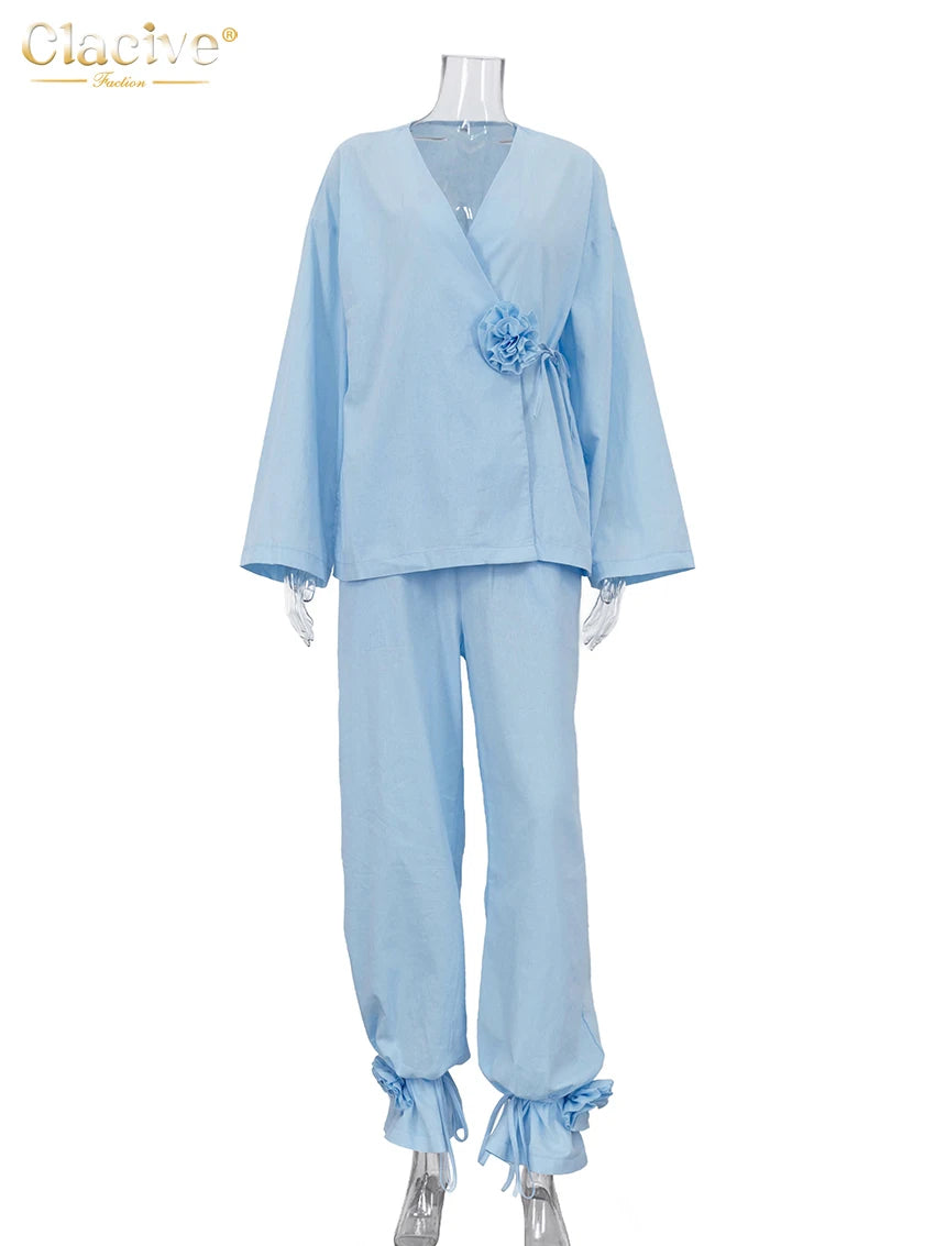 Clacive Fashion Loose Blue Two Piece Outfits Woman 2025 Elegant Long Sleeve Shirt With High Waist Wide Pants Set Female Clothing