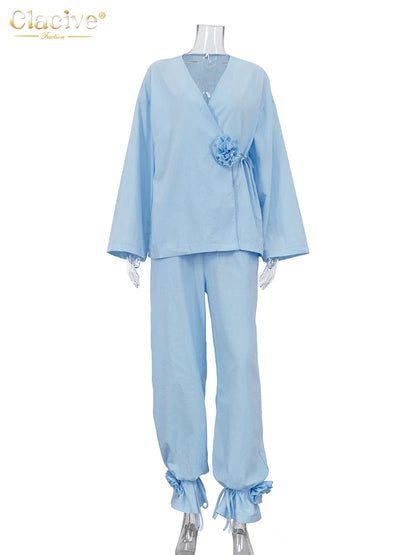 Clacive Fashion Loose Blue Two Piece Outfits Woman 2025 Elegant Long Sleeve Shirt With High Waist Wide Pants Set Female Clothing