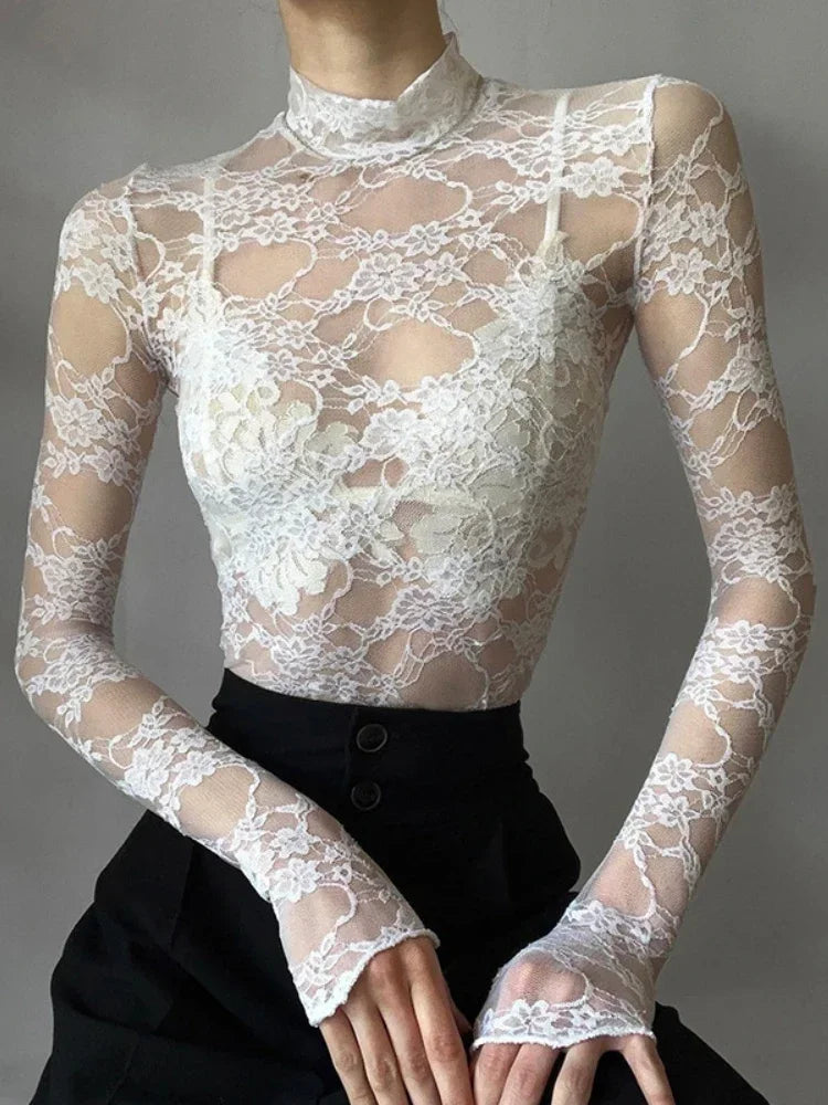 Fashion Sexy Aesthetic Women Clothing Solid Lace High Street Y2k Top Casual Long Sleeve Shirts For Women Turtleneck Streetwear