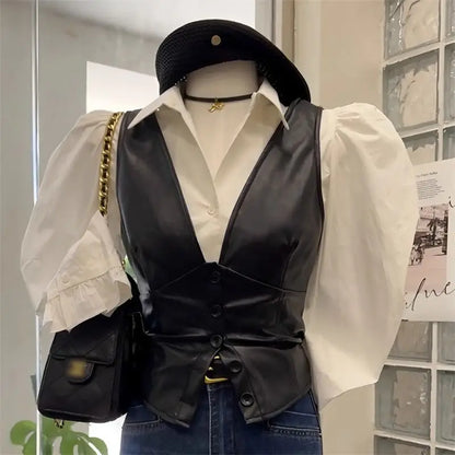 Fashion White Shirt Leather Jacket Vest Jacket Two-piece Set Women&