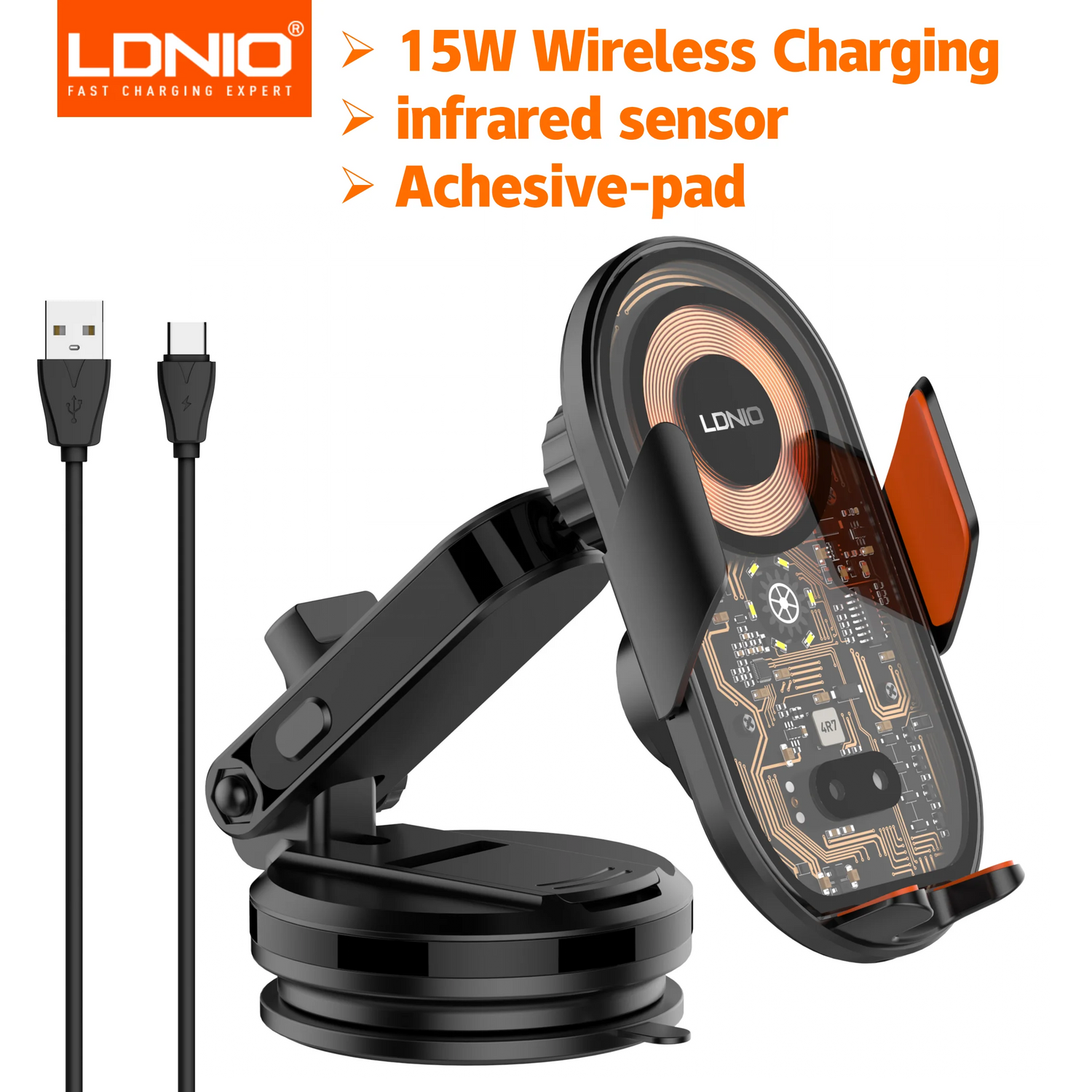 15W Wireless Charging Car Mount Phone Holder Mount Hands-Free Universal Cell Phone Mounts for Dashboard/Windshield 360° Rotation