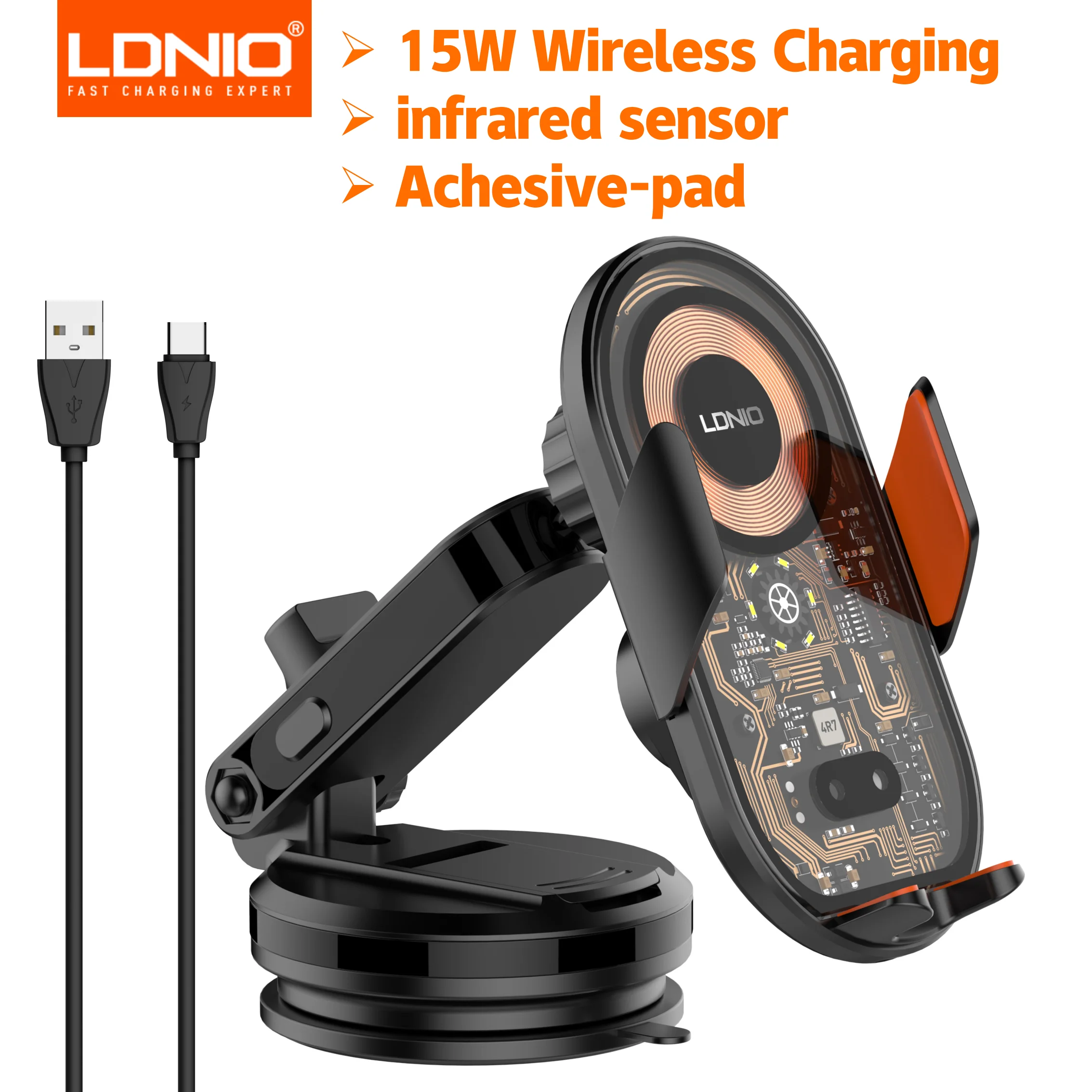 15W Wireless Charging Car Mount Phone Holder Mount Hands-Free Universal Cell Phone Mounts for Dashboard/Windshield 360° Rotation