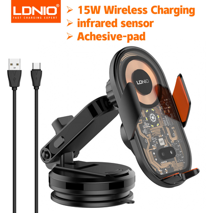 15W Wireless Charging Car Mount Phone Holder Mount Hands-Free Universal Cell Phone Mounts for Dashboard/Windshield 360° Rotation